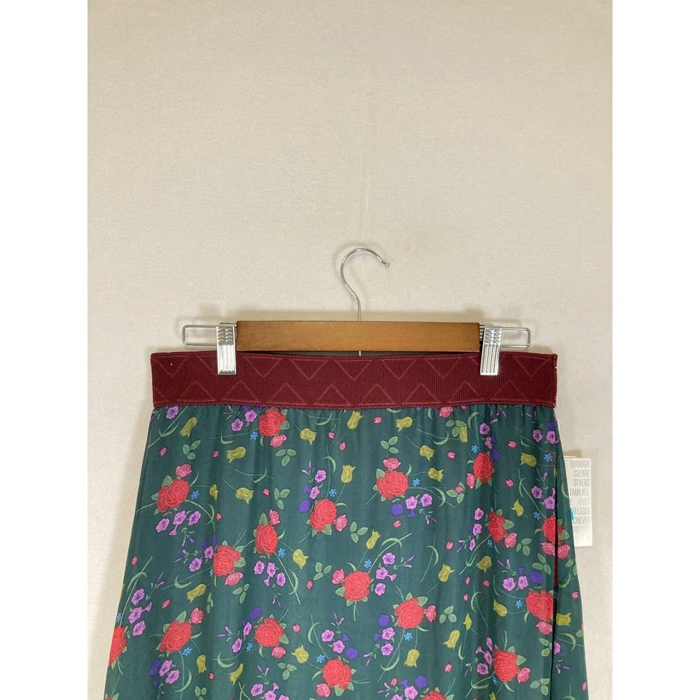 Cottagecore LuLaRoe Women Medium‎ Green Floral Rose Chiffon Lined Midi Skirt